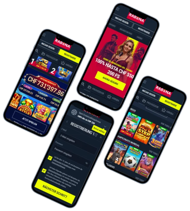 Rabona Casino mobile platform with sportsbook, casino games and registration screens on smartphones